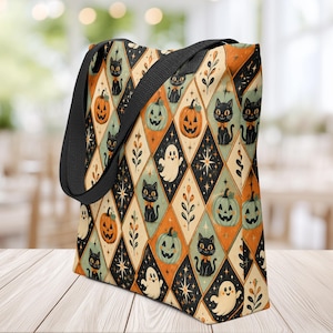 Halloween-tygväskor Harlekin-lapptäckemönster Konsttryckt tygväska Vintage-stil Pumpor Konstverk Bärväska Spöken Resväskor Svarta Katter