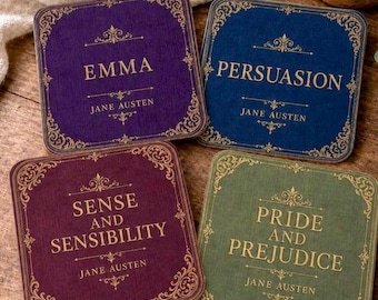 Jane Austen Book Cork-Back Coasters Pride and Prejudice Books Coaster Literary Gift Ideas Bookish Hime Decor