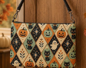 Halloween Faux Leather Crossbody Purse Harlequin Patchwork Pattern Art Printed Purses Vintage Style Pumpkins Artwork Ghosts Bag Black Cat