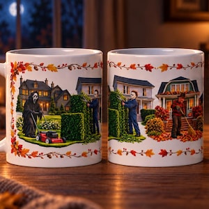 Halloween keramische mokken met horrorfilmschurken, grappige enge filmhumor, vintage retro cadeau-ideeën, griezelig seizoen, herfstdecoratie, herfstkunst.