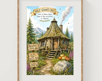 Whimsical Half Giant Hut Art Print Fantasy Book Watercolor Illustration Wizarding World Artwork Book Poster Magical Library Wall Decor