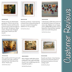 May include: A collage of framed art prints, showcasing various scenes. The prints include a cozy interior with a person and a dog, a hallway with clothing, and a winter cottage. Customer reviews are displayed.