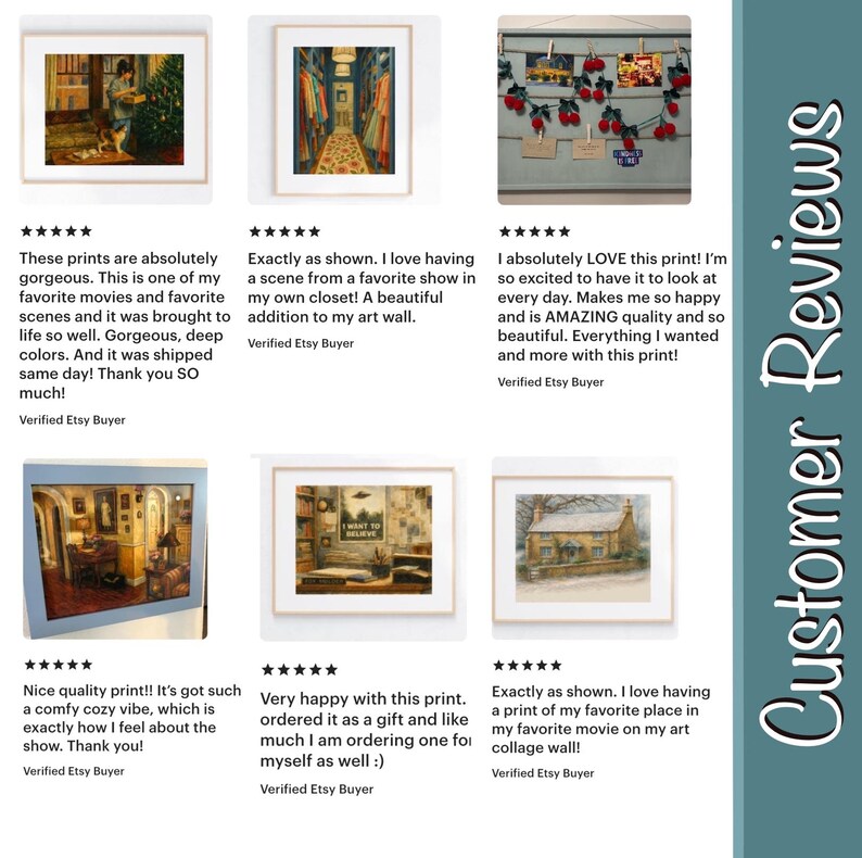 May include: A collage of framed art prints, showcasing various scenes. The prints include a cozy interior with a person and a dog, a hallway with clothing, and a winter cottage. Customer reviews are displayed.
