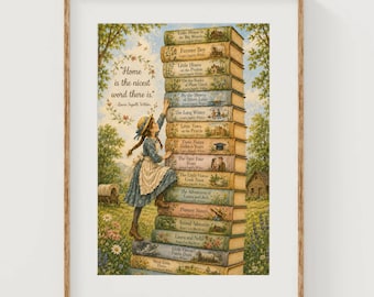 Laura Ingalls Wilder Books Collection Art Print Laura Climbs Book Stack Illustration Little House on the Prairie Artwork Home Wall Decor