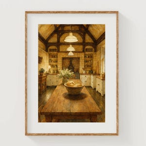 Op de afbeelding: Waterverfprint van een rustieke keuken. Een lange houten tafel domineert de voorgrond, met een kom brood in het midden. De keuken heeft witte kasten, een bakstenen open haard en hanglampen. Het kunstwerk is ingelijst in een houten lijst.