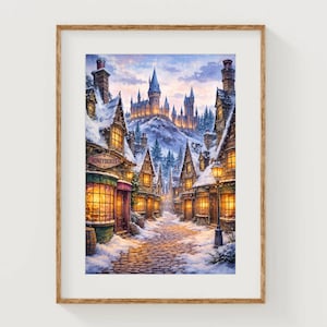 May include: A framed watercolor print of a snowy village street with shops and buildings. The text "HONEYDUKES" is visible on a shop. A castle is visible in the background. The artwork is framed in a wooden frame.