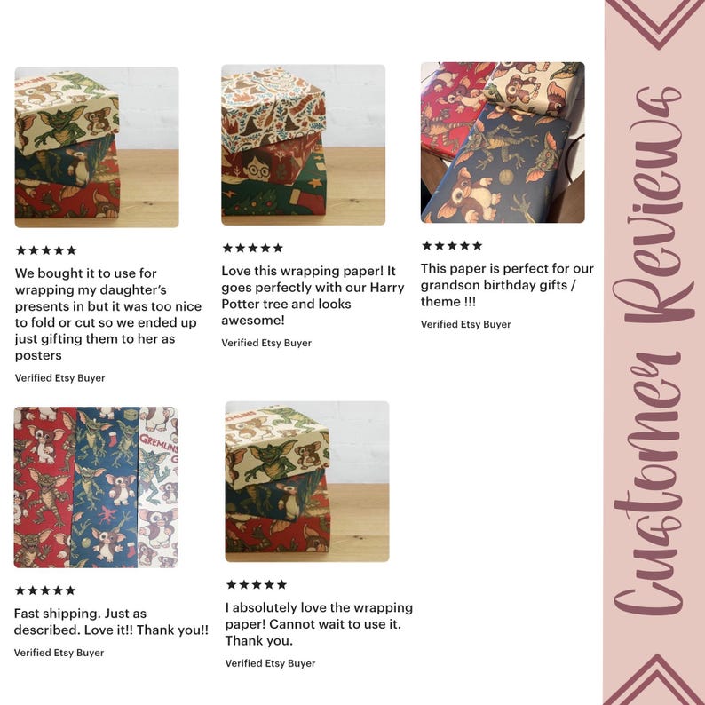 May include: A collection of five customer reviews for wrapping paper featuring various patterns, including Gremlins and Harry Potter themes. The images show stacked boxes and sheets of paper with colourful character illustrations and text reading Customer Review.