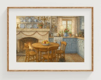 The Holiday Art Print Rosehill Cottage Watercolor Painting Iris' Kitchen Illustration English Cottages Wall Decor Christmas Artwork