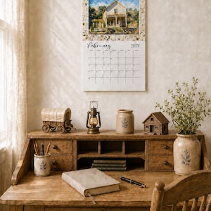 May include: A wall calendar for February 2027 featuring a watercolor illustration of a rustic building labeled 'General Merchandise'. The calendar is displayed above a wooden desk with a miniature wagon, a lantern, a ceramic jar, and a log cabin model.