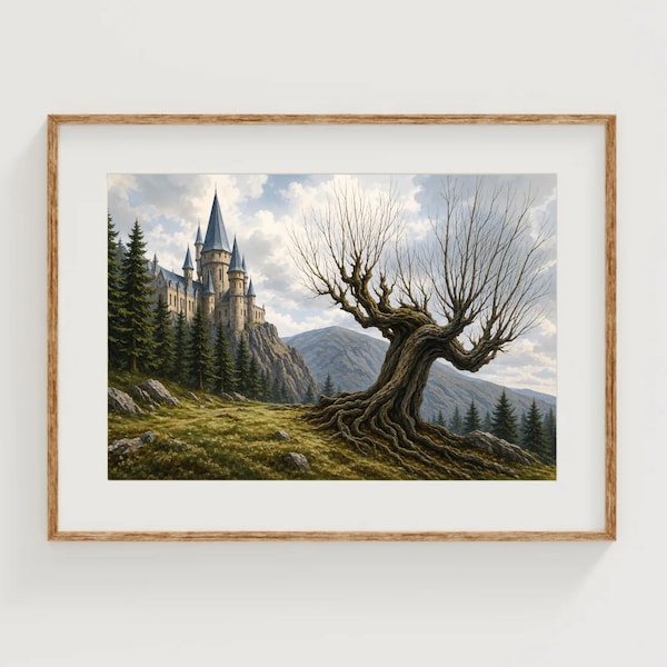 Magical Willow Tree Art Print Magic School Watercolor Painting Fantasy Novel Artwork Alnwick Castle Poster Bookish Gift Wizard World Decor