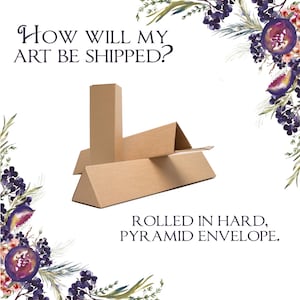 May include: Three brown cardboard shipping tubes with a triangular cross-section, arranged in a stack. The text reads: HOW WILL MY ART BE SHIPPED? ROLLED IN HARD, PYRAMID ENVELOPE. The corners are decorated with watercolour illustrations of purple berries.