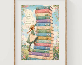 Lucy Maud Montgomery Books Collection Art Print Anne Climbs Book Stack Illustration Reading Artwork Classic Novels Gallery Wall Decor