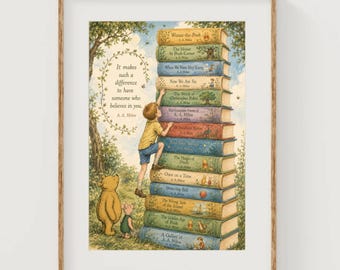 A.A. Milne Books Collection Art Print Christopher Robin Climbs Book Stack Poster Vintage Winne-the-Pooh Illustrations Nursery Room Decor