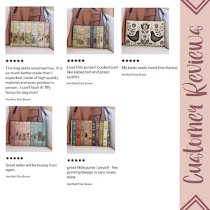 May include: A collection of five rectangular purses featuring various printed designs, including rows of vintage book spines and a folk-art style pattern with black birds and floral motifs. Each purse has a black strap and a rectangular shape.