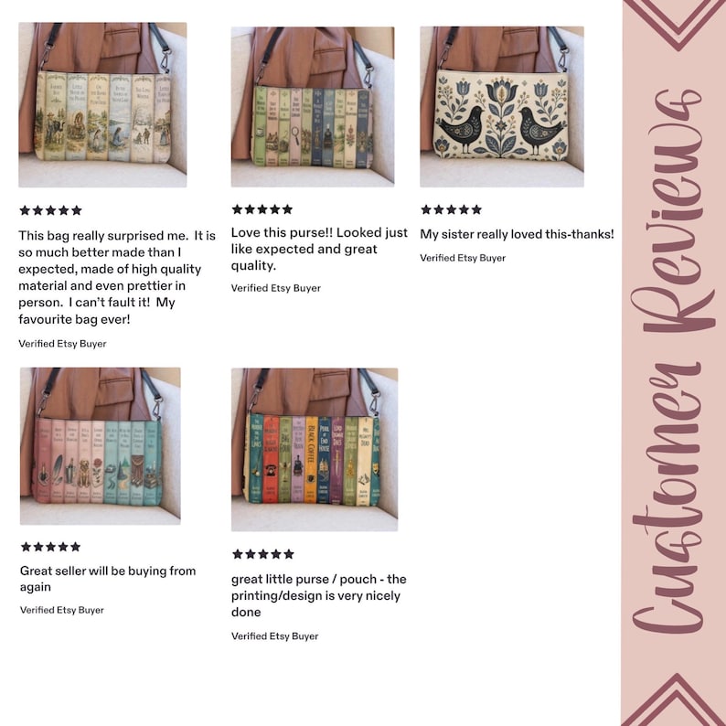 May include: A collection of five rectangular purses featuring various printed designs, including rows of vintage book spines and a folk-art style pattern with black birds and floral motifs. Each purse has a black strap and a rectangular shape.