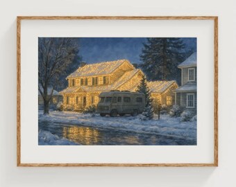 The Griswold House with Eddie's RV Art Print Christmas Vacation Watercolor Painting Style Illustration Funny Holiday Wall Decor