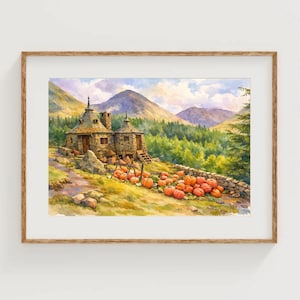 May include: Watercolor painting of a stone cottage with a thatched roof, surrounded by pumpkins and a mountain landscape. The artwork is framed in a wooden frame, with a vibrant color palette of greens, oranges, and blues.