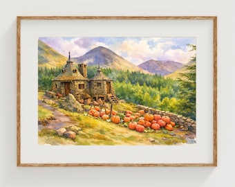 Half Giant's Hut House Art Print Magic School Watercolor Painting Pumpkin Patch Poster Fantasy Book Artwork Wizard World Landscape Decor