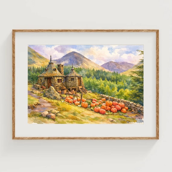 Half Giant's Hut House Art Print Magic School Watercolor Painting Pumpkin Patch Poster Fantasy Book Artwork Wizard World Landscape Decor