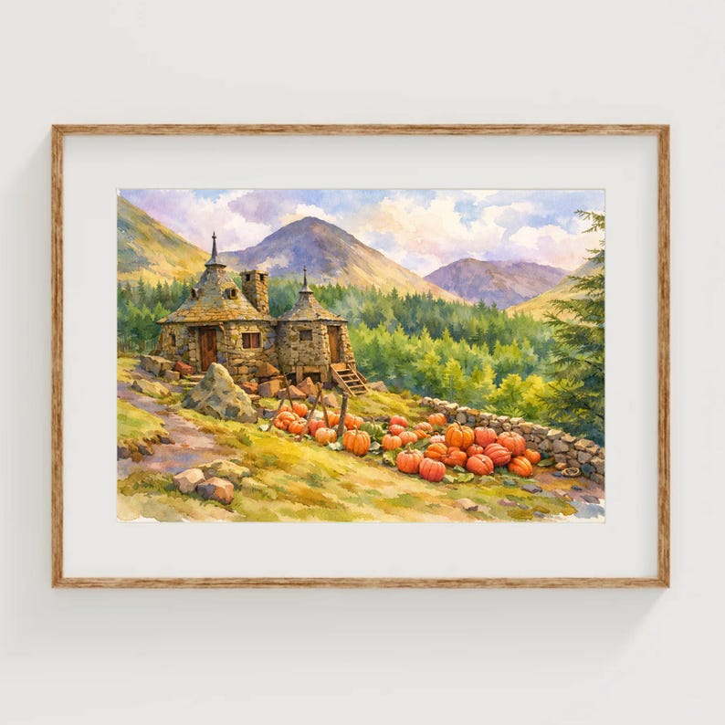 May include: Watercolor painting of a stone cottage with a thatched roof, surrounded by pumpkins and a mountain landscape. The artwork is framed in a wooden frame, with a vibrant color palette of greens, oranges, and blues.