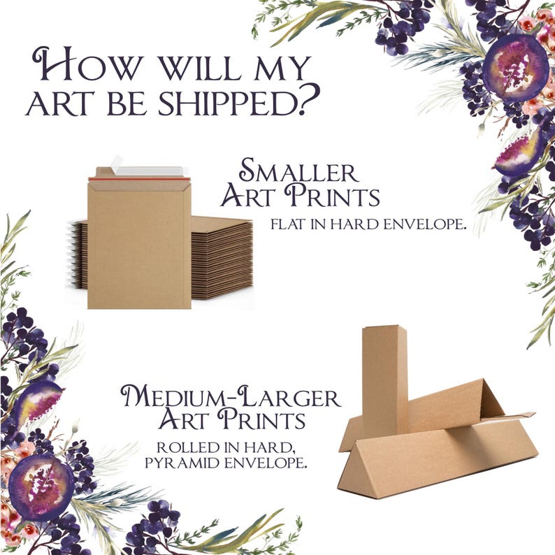 May include: Image showing how art prints are shipped. Smaller prints are shipped flat in hard envelopes. Medium to larger prints are rolled and shipped in pyramid envelopes. Text reads: How will my art be shipped?