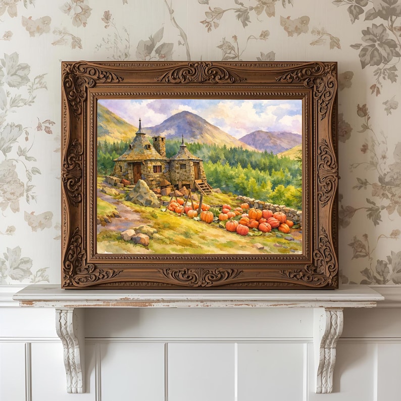 May include: A framed watercolor painting depicts a stone cottage with a pumpkin patch in a mountain landscape. The painting has a detailed, ornate brown frame. The scene includes a forest, mountains, and a collection of orange pumpkins.