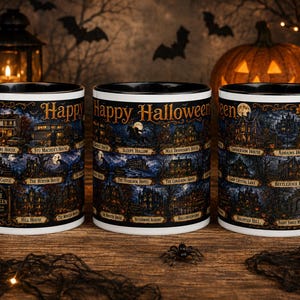 May include: Three white ceramic mugs with black handles and interiors, each featuring a detailed dark blue and orange graphic print of various famous horror movie houses and the text Happy Halloween, arranged in a grid with labeled locations.