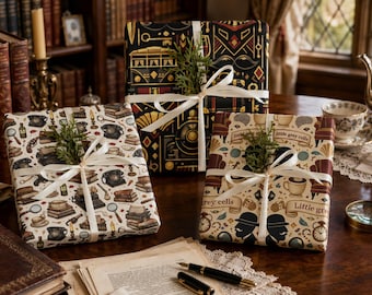 May include: Three square gifts wrapped in patterned paper tied with white ribbon and topped with a sprig of greenery. The paper features illustrations of vintage detective items, including typewriters, telephones, magnifying glasses, and silhouettes.