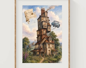 The Burrow Art Print Wizard and Witches House Watercolor Painting Whimsical Magic Flying Car Artwork Fantasy Book Gallery Wall Books Decor