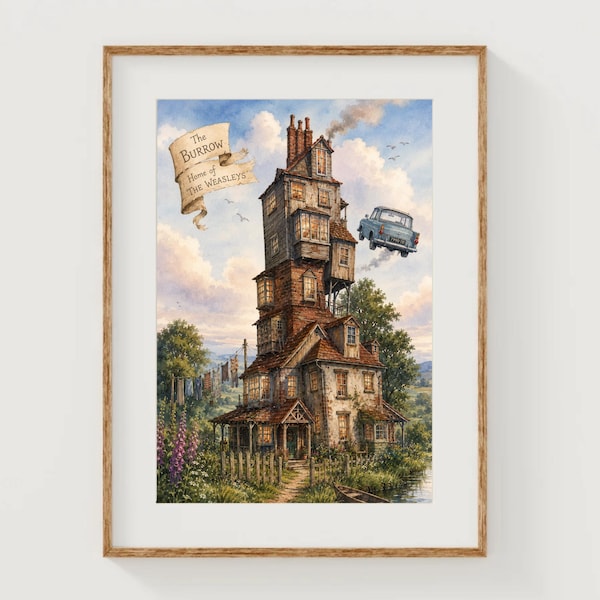 The Burrow Art Print Wizard and Witches House Watercolor Painting Whimsical Magic Flying Car Artwork Fantasy Book Gallery Wall Books Decor