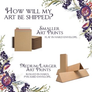 May include: Image showing how art prints are shipped. Smaller prints are shipped flat in hard envelopes. Medium-larger prints are rolled and shipped in pyramid envelopes. Text reads: "How will my art be shipped?"