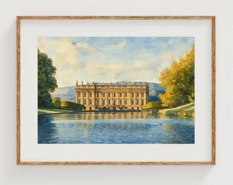Pride and Prejudice Art Print Chatsworth House Watercolor Painting Pemberley Gallery Wall Regency Era Decor Mr. Darcy's Home Landscape