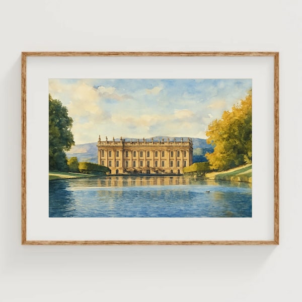 Pride and Prejudice Art Print Chatsworth House Watercolor Painting Pemberley Gallery Wall Regency Era Decor Mr. Darcy's Home Landscape