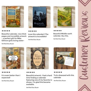 May include: A collection of six 2026 wall calendars featuring various pop culture themes including Stars Hollow, Hogwarts, Middle-earth, sitcom living rooms, Only Murders in the Building, and Pride and Prejudice, displayed with customer reviews.