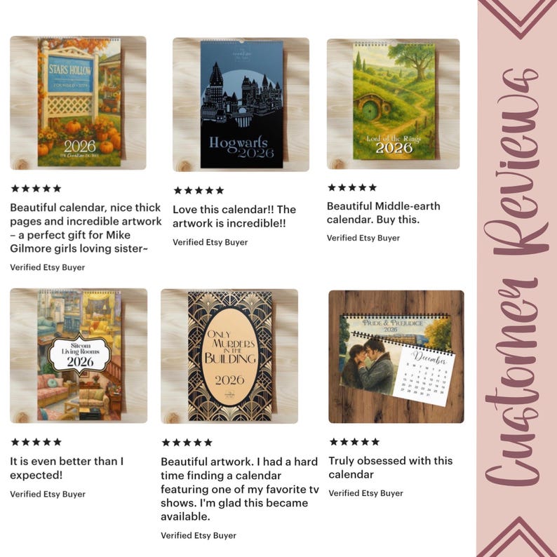 May include: A collection of six 2026 wall calendars featuring various pop culture themes including Stars Hollow, Hogwarts, Middle-earth, sitcom living rooms, Only Murders in the Building, and Pride and Prejudice, displayed with customer reviews.