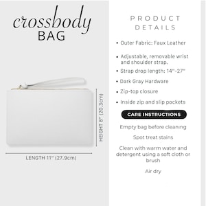 May include: A white faux leather crossbody bag with dark grey hardware, a zip-top closure, and a removable wrist strap. The bag measures 27.9 cm in length and 20.3 cm in height, with an adjustable shoulder strap drop length of 14 to 27 inches.