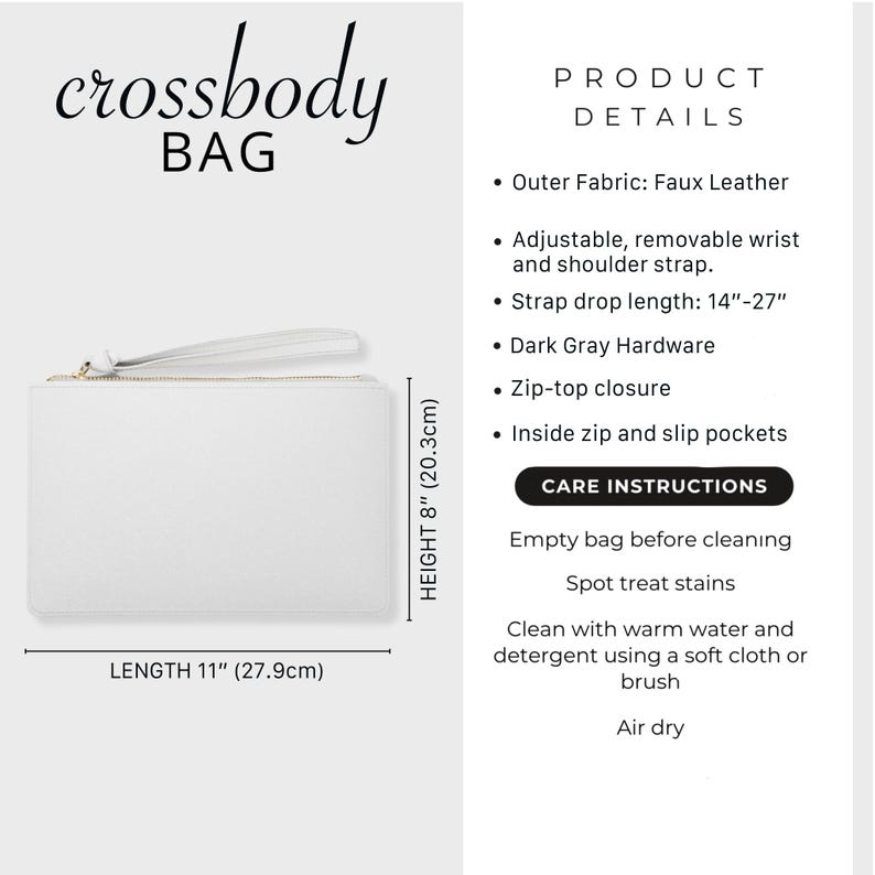 May include: A white faux leather crossbody bag with dark grey hardware, a zip-top closure, and a removable wrist strap. The bag measures 27.9 cm in length and 20.3 cm in height, with an adjustable shoulder strap drop length of 14 to 27 inches.