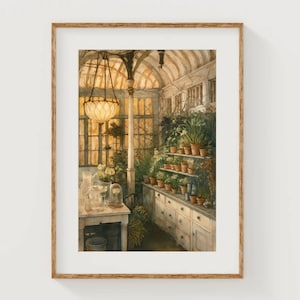 May include: A watercolour print depicting a sunlit greenhouse interior. The artwork shows a table with glass vases, a cabinet with potted plants, and a hanging light fixture. The scene is filled with greenery and warm, natural light, creating a tranquil atmosphere.
