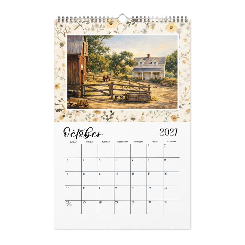 May include: A wall calendar for October 2021 featuring a top section with a floral border and a painting of a rural farm scene with a house, barn, and horse. The bottom section displays a grid for the month with black text on a white background.