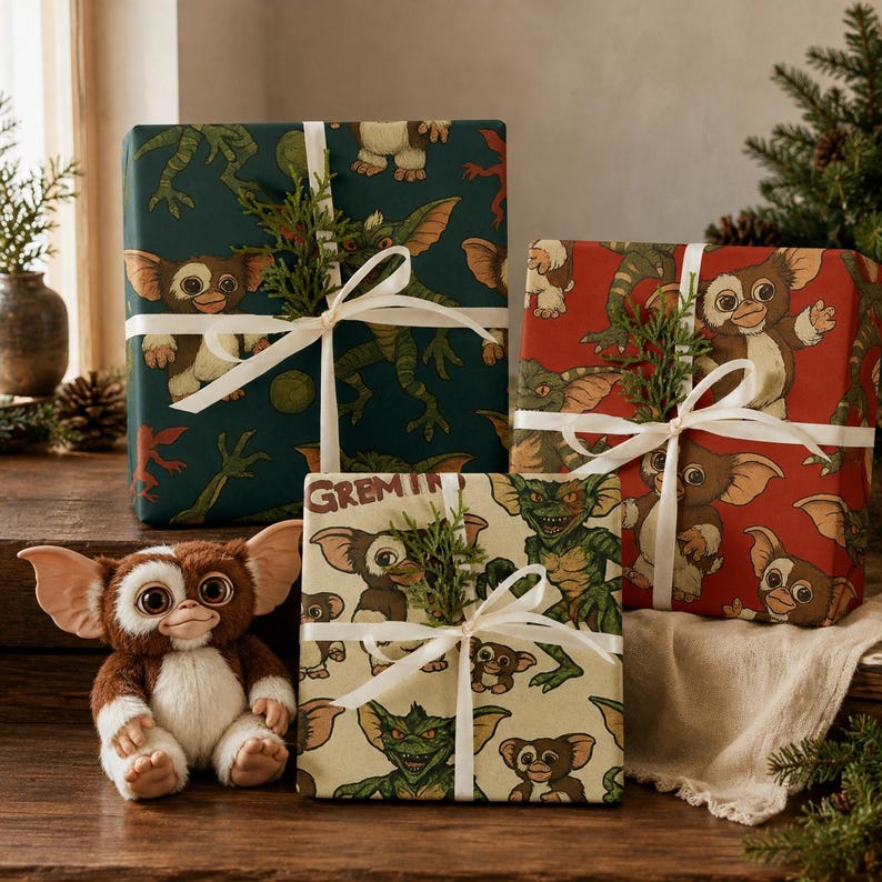 May include: A plush Gizmo figure with large ears and brown and white fur sits beside three gift boxes wrapped in paper featuring Gremlins characters. The boxes are tied with white ribbon and decorated with small sprigs of green pine needles.