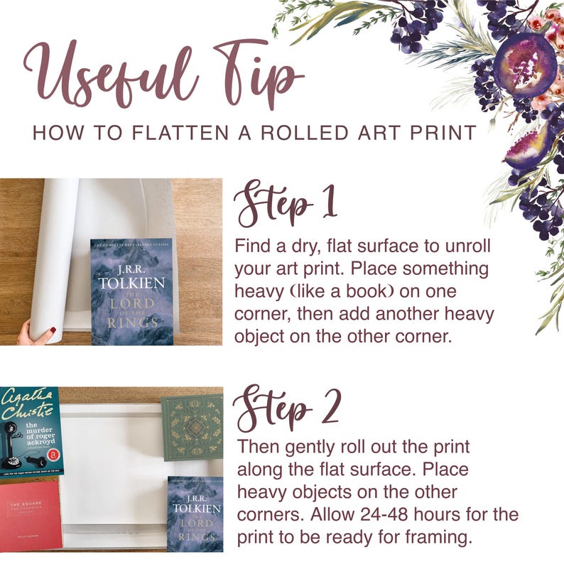 May include: A guide on how to flatten a rolled art print. The image shows a rolled print, books, and text instructions. Step 1: Find a flat surface and place heavy objects. Step 2: Roll out the print and add more weights. Allow 24-48 hours.