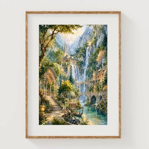 Lámina artística del Santuario Élfico, pintura de acuarela del Valle Escondido, póster de libro de fantasía, obra de arte del Hogar de los Elfos, refugio etéreo, decoración de pared para amantes de los libros