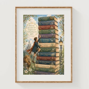 C.S. Lewis Books Collection Art Print Book Stack Illustration Fantasy Castle Artwork Lion Poster Kid's Bedroom Decor Inspirational Quotes