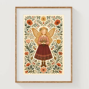 Volkskunst sprookjesprint fantasie elfjes illustratie bloemen kinderkamer muurdecoratie bloemen en natuur kunstwerk kinderkamer cottagecore feeën
