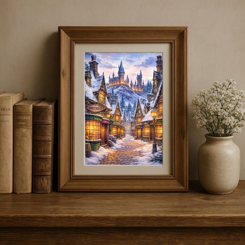 May include: Framed print of a snowy village scene with illuminated buildings and a castle in the background. The artwork features warm lighting, a cobblestone street, and the text "Honeydukes" on a shop.