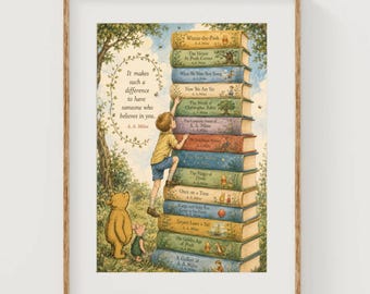 A.A. Milne Books Collection Art Print Christopher Robin Climbs Book Stacks Poster Vintage Winne-the-Pooh Illustrations Nursery Room Decor