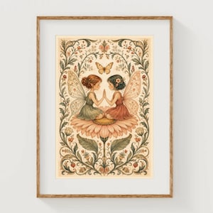 May include: A framed art print featuring two fairies with translucent wings sitting on a large pink flower. The fairies are touching hands, surrounded by a symmetrical border of green vines, leaves, and small red berries with a butterfly above.