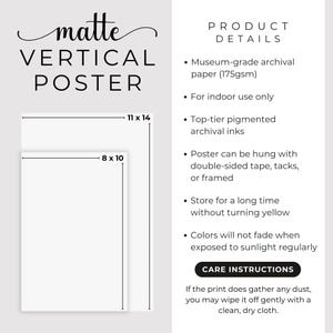 May include: A matte vertical poster product information graphic. It displays two white rectangular outlines labeled 11 x 14 and 8 x 10 inches. The text lists product details including museum-grade archival paper, pigmented inks, and care instructions.
