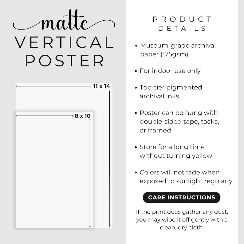 May include: A matte vertical poster product information graphic. It displays two white rectangular outlines labeled 11 x 14 and 8 x 10 inches. The text lists product details including museum-grade archival paper, pigmented inks, and care instructions.