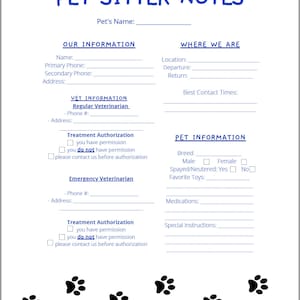 Printable Pet Sitter Notes - Basic